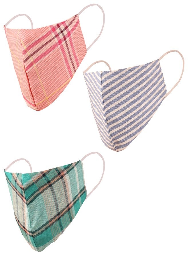 Touchstone Checked Cotton Face Masks Small Size Reusable Washable Handcrafted Double Layer for women, men. (Pack of 3). Blue Green Pink - Image 1