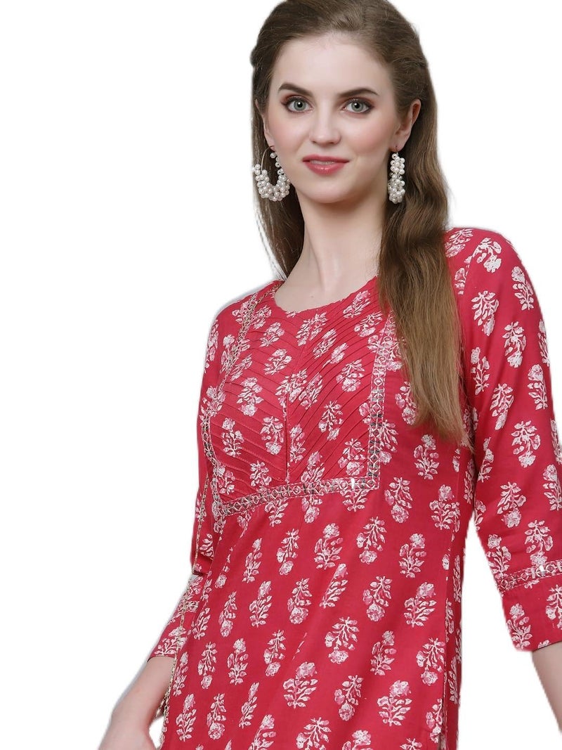 KBZ Women's Cotton Printed Embroidered Straight Kurta (Pink) - Image 1