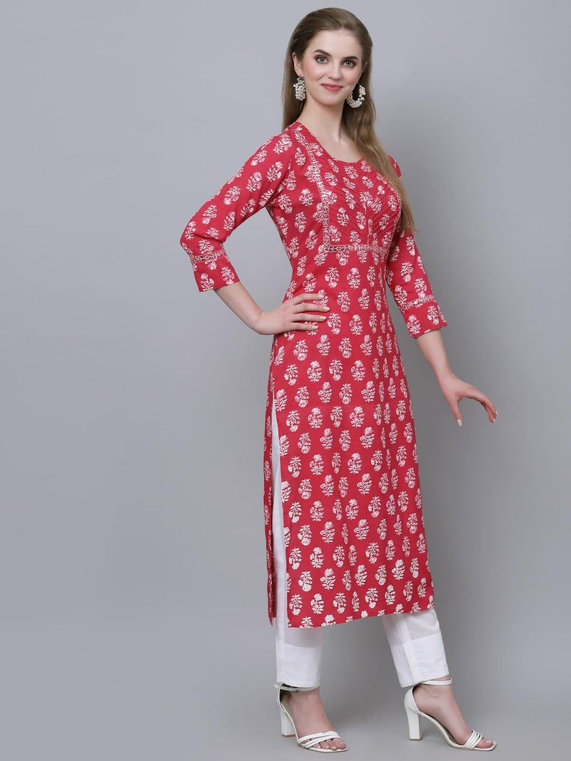 KBZ Women's Cotton Printed Embroidered Straight Kurta (Pink) - Image 4