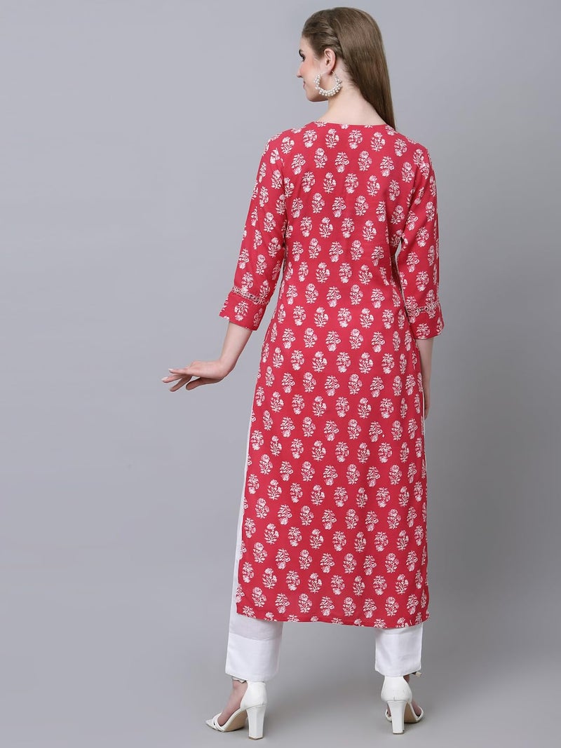 KBZ Women's Cotton Printed Embroidered Straight Kurta (Pink) - Image 2