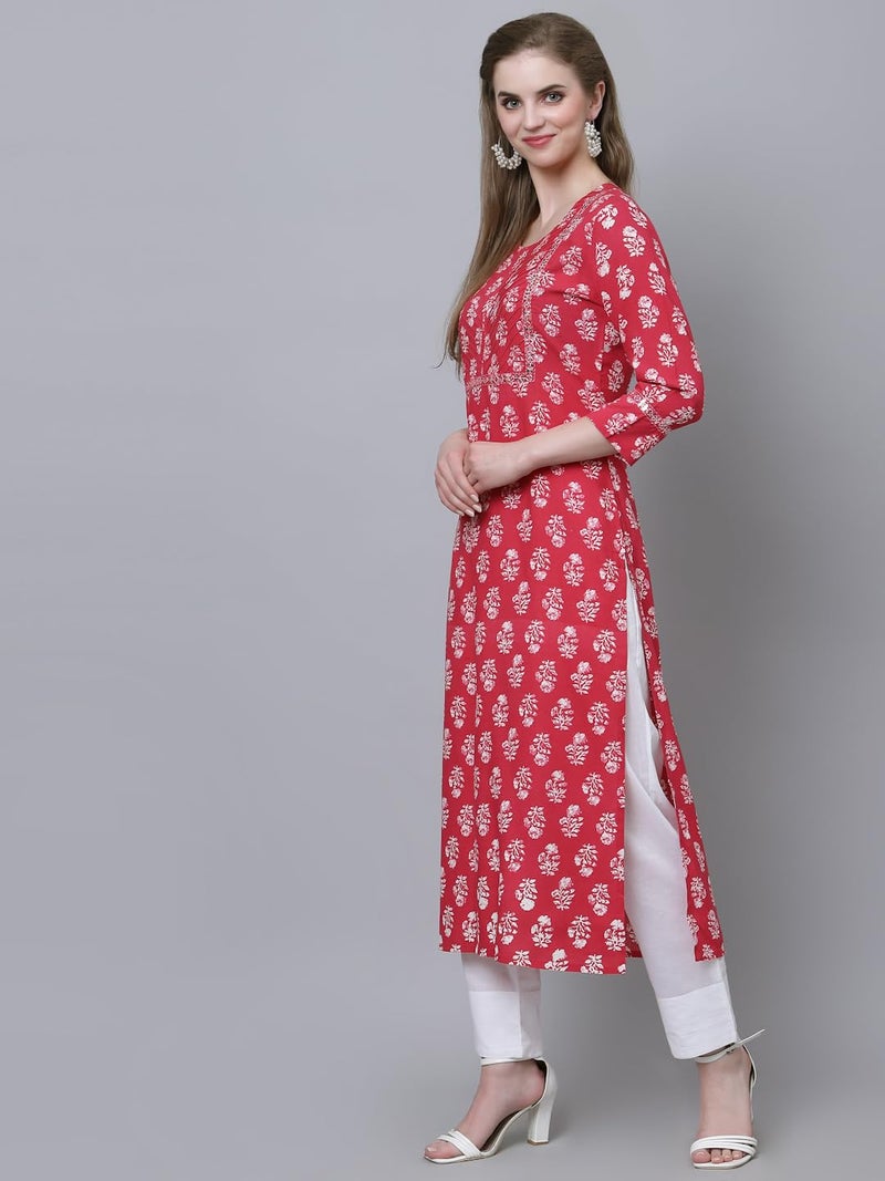 KBZ Women's Cotton Printed Embroidered Straight Kurta (Pink) - Image 3