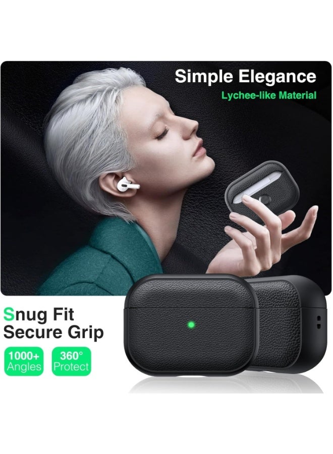 ألترون غطاء ALTRONE متوافق مع AirPods Pro 3 (2025)، جراب واقٍ مقاوم للصدمات من مادة TPU والليتشي والجلد الصناعي مع سلسلة مفاتيح - لـ AirPods Pro / AirPods 3 Pro - أسود - Image 2