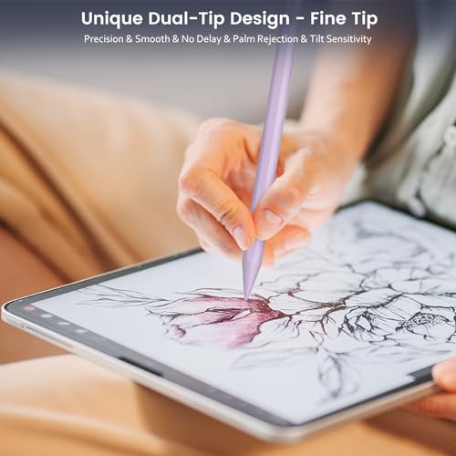 STYLUSHOME Stylus Pen for iPad, Dual-Tip 13 mins Fast Charge Pencil for Apple, Palm Rejection, Tilt Sensitivity, Compatible w/iPad 6/7/8/9/10, Pro 11/12.9in/M4, Air 3/4/5/M2, Mini 5/6 - Purple - Image 3