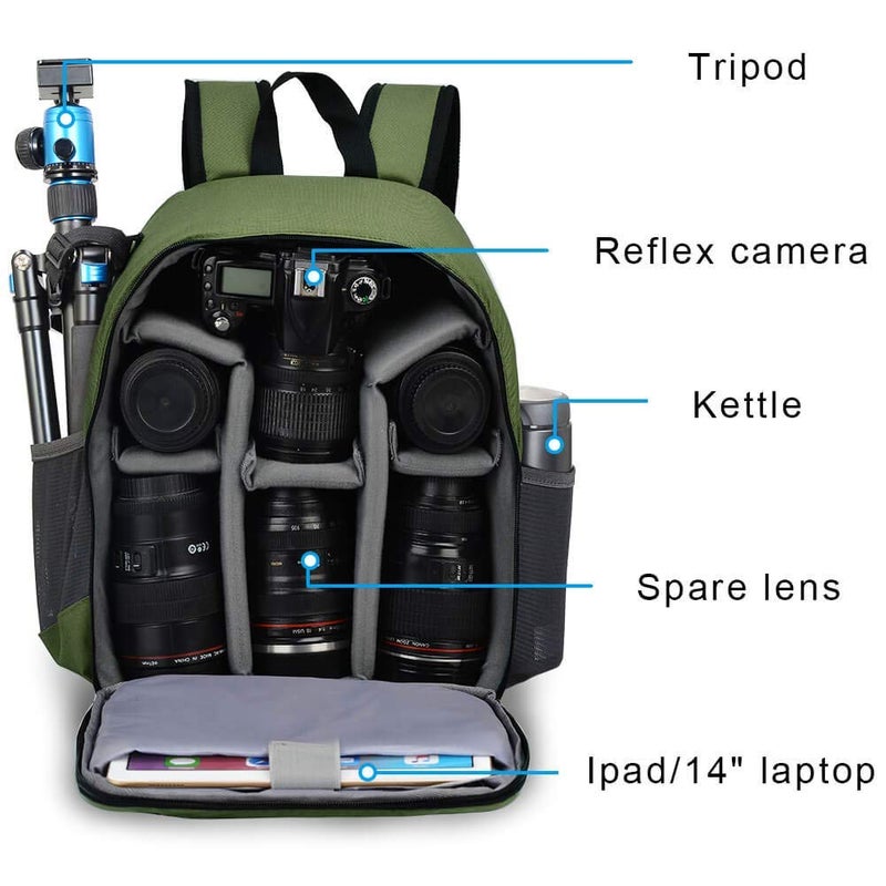CADeN Camera Backpack Bag Professional for DSLR/SLR Mirrorless Camera Waterproof, Camera Case Compatible for Sony Canon Nikon Camera and Lens Tripod Accessories Green - Image 3