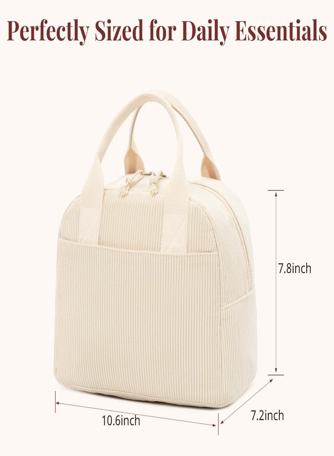 LOVELYWIND Insulated Cream Beige Lunch Bag for Women, Stylish Corduroy Tote with Aluminum Lining, Large Capacity Reusable Cooler for Work, Travel, or Beach, Beige Cream Water-Resistant Lunch Box - Image 4