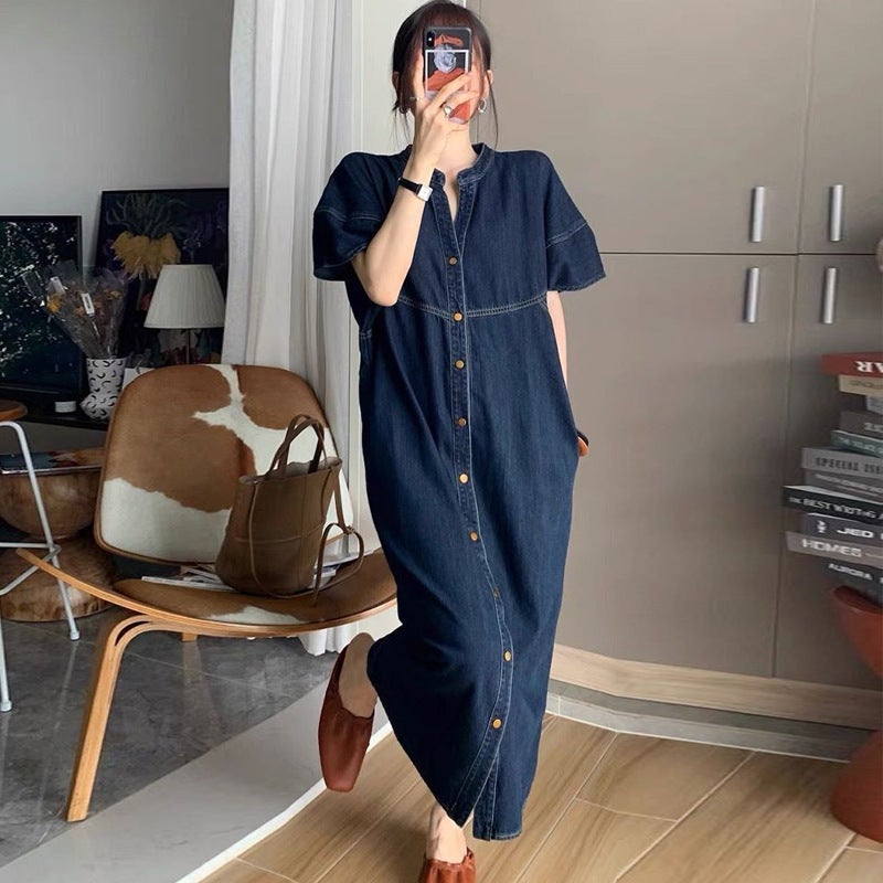 2023 Summer New Style Thin High-end Loose Casual Straight Long Skirt Hong Kong-style Retro Denim Dress for Women Dark Blue - Image 1