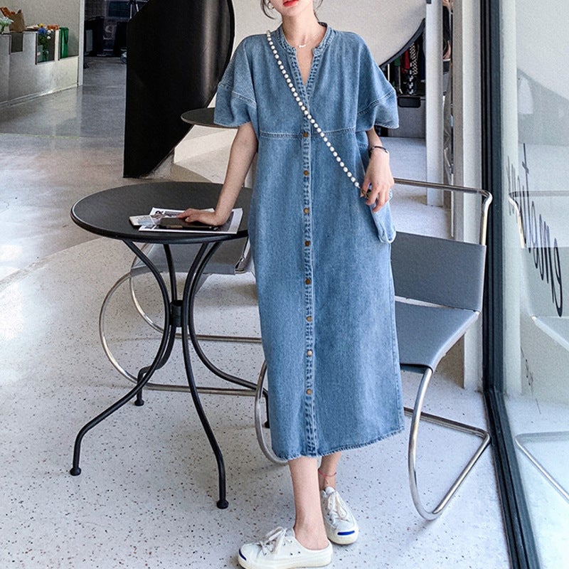 2023 Summer New Style Thin High-end Loose Casual Straight Long Skirt Hong Kong-style Retro Denim Dress for Women Dark Blue - Image 2