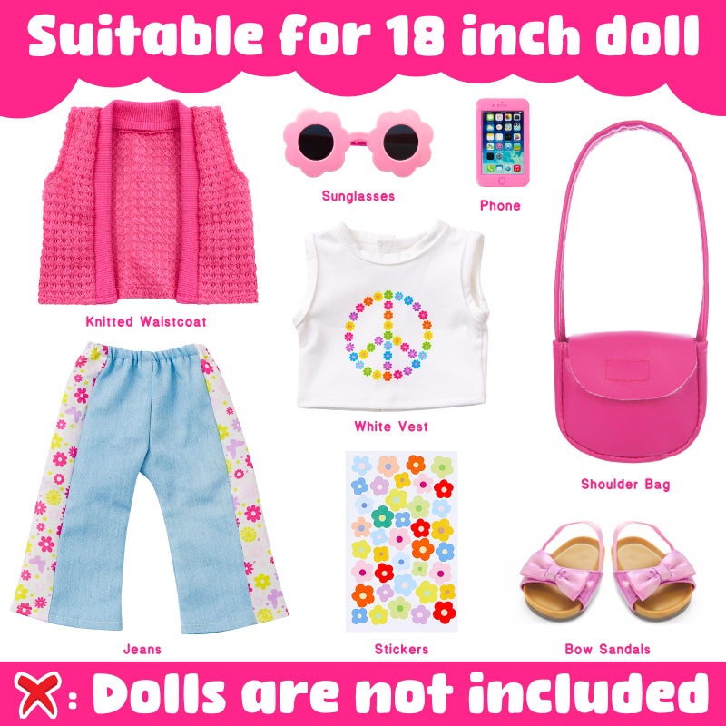 Ecore Fun American 18 Inch Doll Clothes and Accessories  8 Pcs 18 Inch Doll Girl Clothes Set Include Sweater Vest  White Vest  Jeans  Sandals  Shoulder Bag  Mobile Phone  Sticker  Sunglasses - Image 3