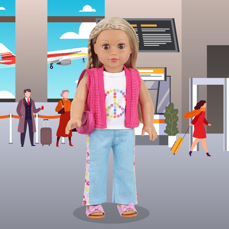 Ecore Fun American 18 Inch Doll Clothes and Accessories  8 Pcs 18 Inch Doll Girl Clothes Set Include Sweater Vest  White Vest  Jeans  Sandals  Shoulder Bag  Mobile Phone  Sticker  Sunglasses - Image 4