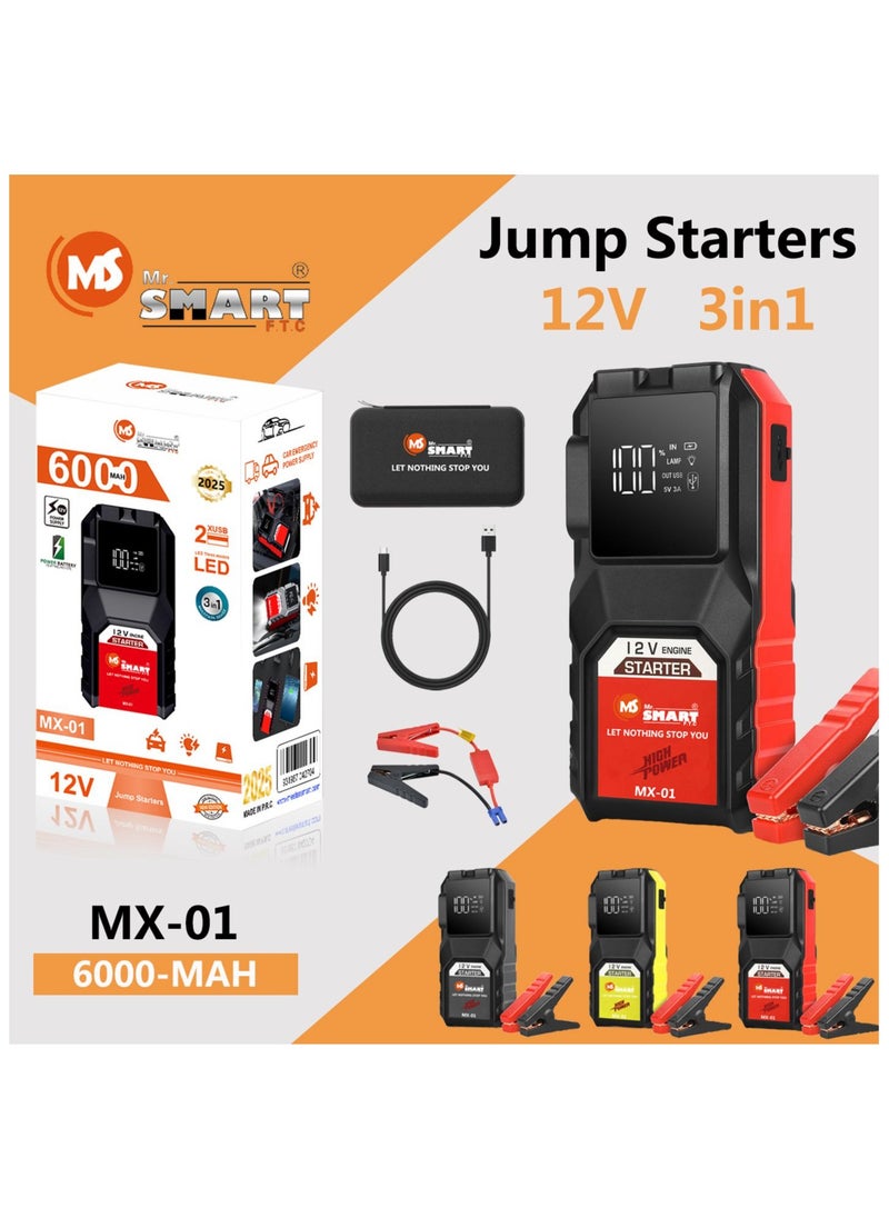 MR.SMART MX-01 Car Jump Starter, 12V 6000mAh, 3-in-1 Portable Power Bank with LED Light, Black and Red  - Image 2