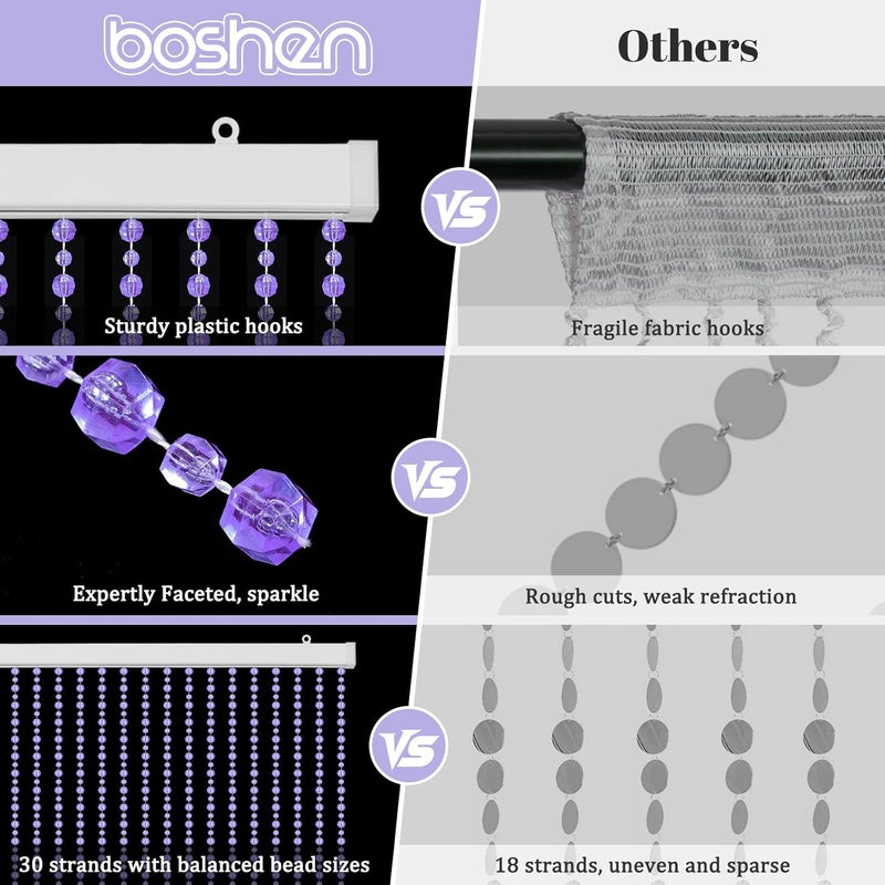 Boshen Crystal Beaded Curtain, 35.5 x 79 Inches Acrylic Hanging Door Beads String Curtain, 30 Strands Room Divider for Doorway Window Living Room Bedroom Decor, Lozenge Pattern-Purple - Image 3