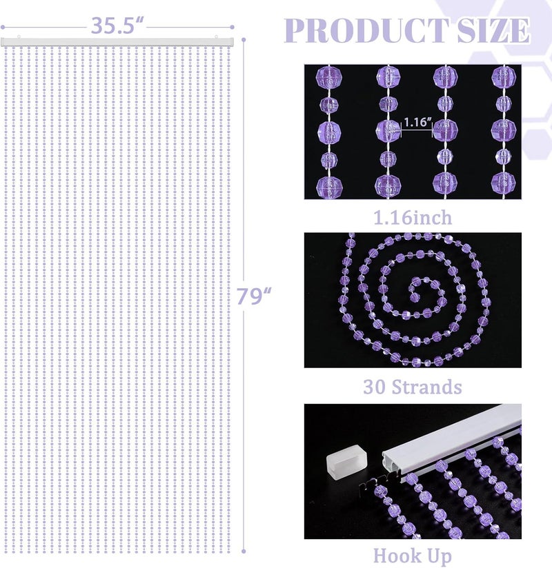 Boshen Crystal Beaded Curtain, 35.5 x 79 Inches Acrylic Hanging Door Beads String Curtain, 30 Strands Room Divider for Doorway Window Living Room Bedroom Decor, Lozenge Pattern-Purple - Image 2