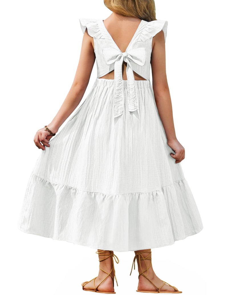 Arshiner Tween Girl White Summer Dresses Wedding Casual Spring Tie Back Tiered Maxi Dress for 9-10 Years - Image 1