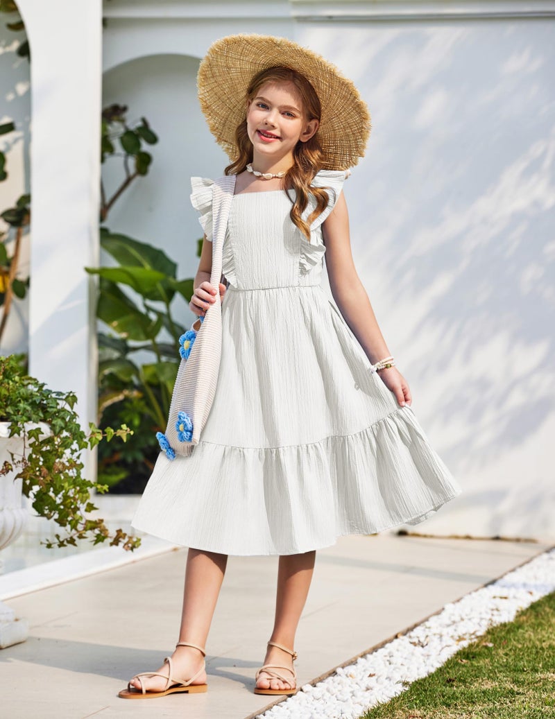 Arshiner Tween Girl White Summer Dresses Wedding Casual Spring Tie Back Tiered Maxi Dress for 9-10 Years - Image 4