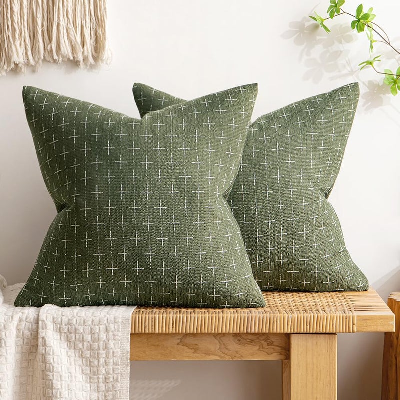 MIULEE Pack of 2 Decorative Vintage Burlap Linen Outdoor Throw Pillow Covers Modern Farmhouse Pillowcase Rustic Woven Textured Cushion Cover for Sofa Couch Bed 18x18 Inch Olive Green