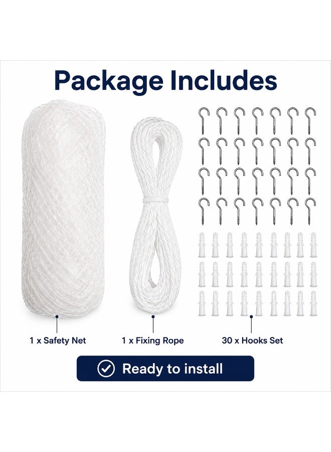 Tanyaz Cat Safety Net, Transparent Balcony Protection Mesh for Windows Indoor Areas and Pet Spaces, White Net with Fixing Rope and 30 Hooks Set, 2.5 CM Mesh - Image 2