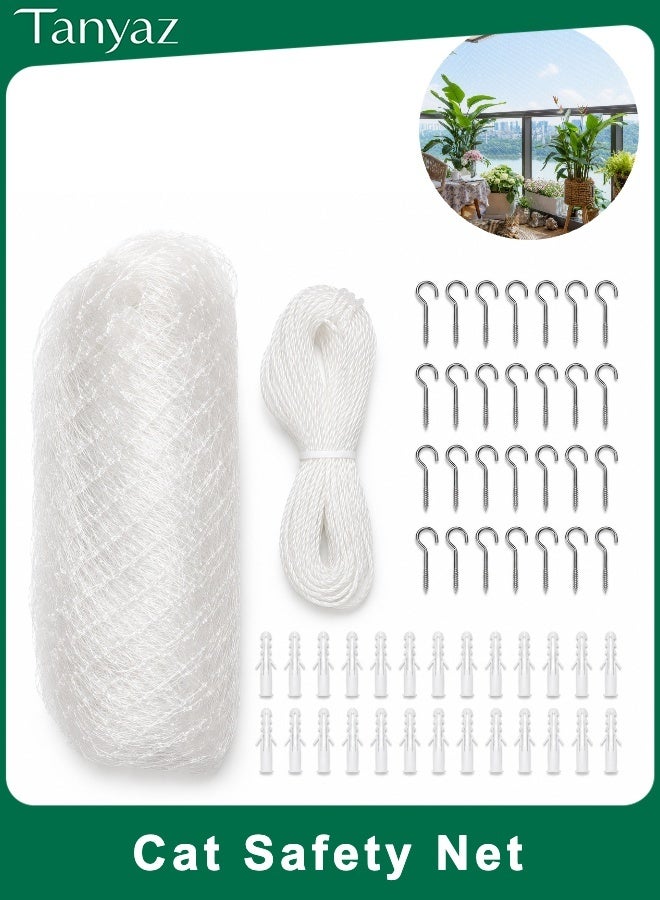 Tanyaz Cat Safety Net, Transparent Balcony Protection Mesh for Windows Indoor Areas and Pet Spaces, White Net with Fixing Rope and 30 Hooks Set, 2.5 CM Mesh - Image 1