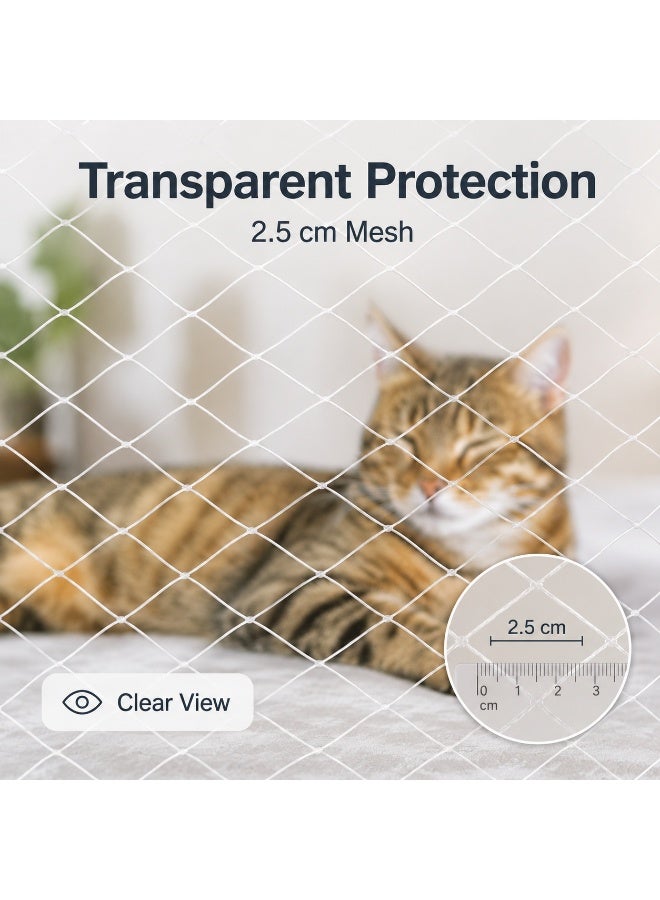 Tanyaz Cat Safety Net, Transparent Balcony Protection Mesh for Windows Indoor Areas and Pet Spaces, White Net with Fixing Rope and 30 Hooks Set, 2.5 CM Mesh - Image 3