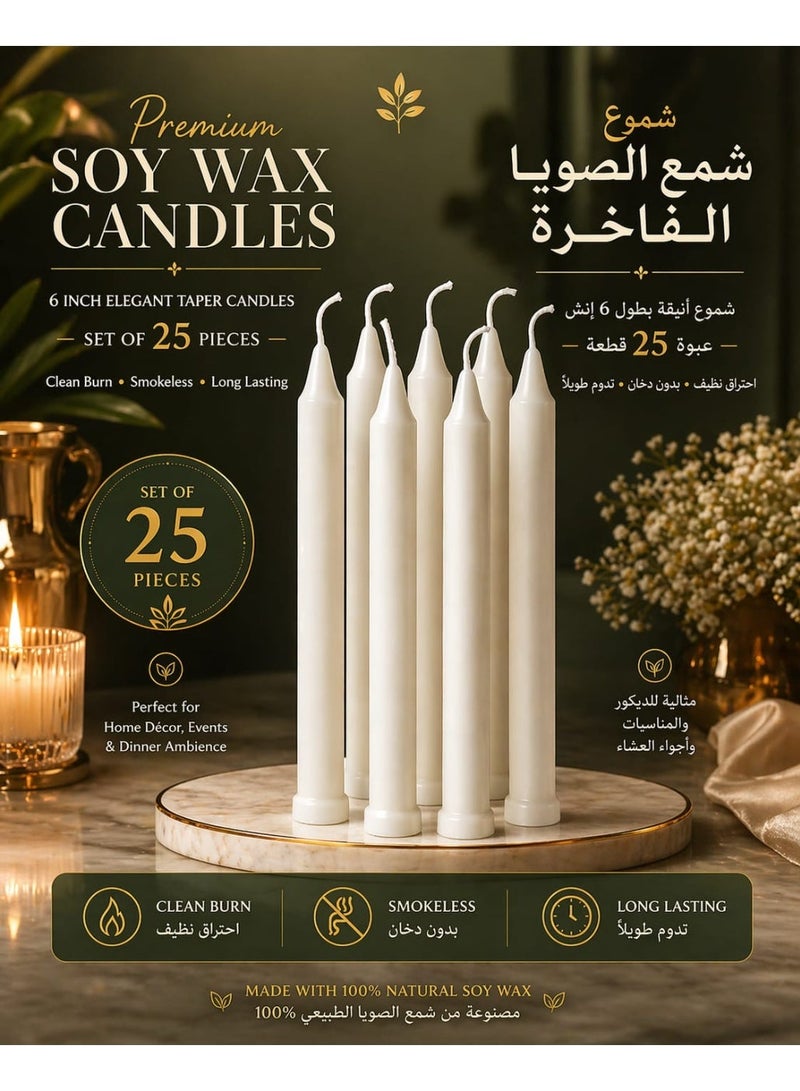 Premium Soy Wax Taper Candles – 6 Inch Elegant Dinner Candles, Set of 25 Pieces, Clean Burn, Smokeless & Long Lasting, Perfect for Home Décor, Events & Parties. - Image 1