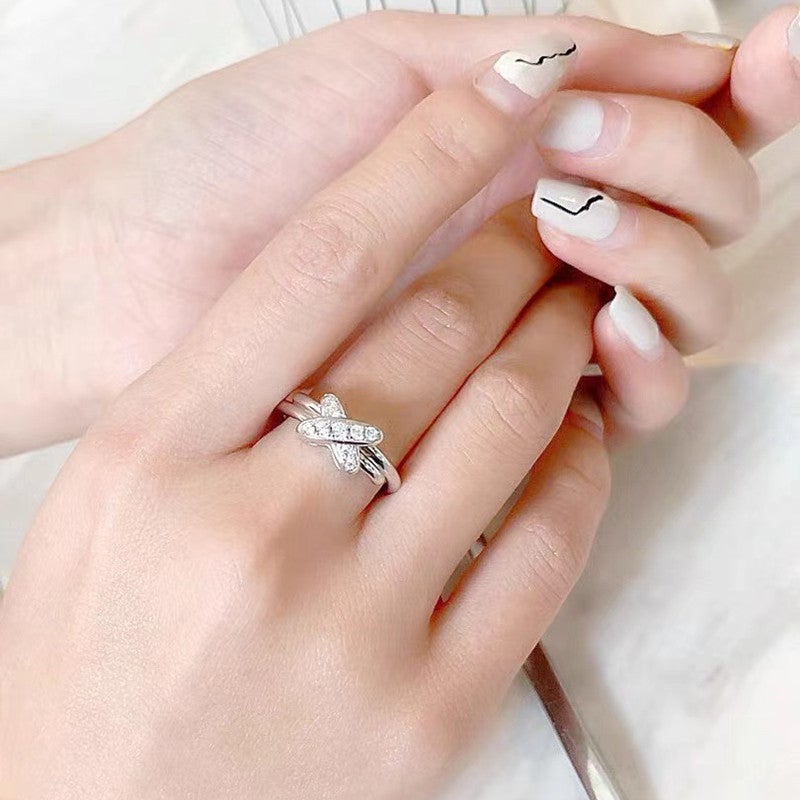 New Shangjia Cross Ring All-match liens Simple Sterling Silver Ring Womens Life-long Light Luxury All-match ElegantWhite gold inter-drill White gold inter-drill