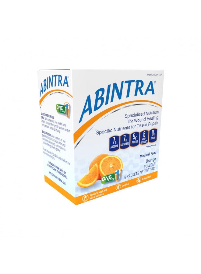 ABINTRA ABINTRA Specialized Wound Healing Nutritional Supplement Includes L-Arginine, L-Glutamine, Whey Protein, Vitamins and Minerals, Orange Flavor, 6 Packets, 27g Each, Made in The USA  - Image 1