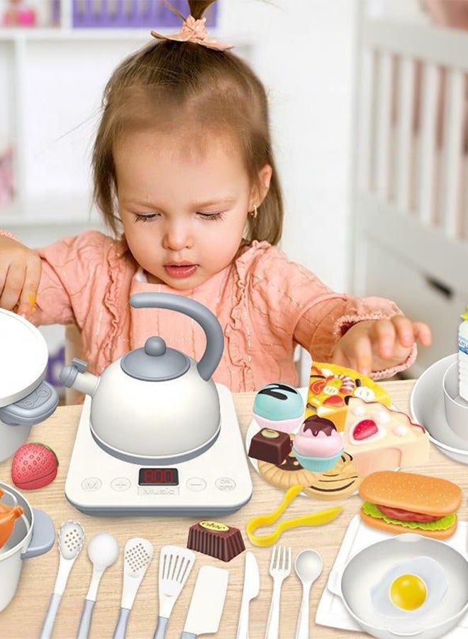 Quivlox Kitchen Toy Set, 43Pcs Cutting Play Food Toys with Sound and Music,  Kitchen Pretend Playset, Play Food Toy, Simulation Kitchen Accessories with Induction Cooker, Kettle, Plastic Board, Knife, Dishes and Food, Educational Toy For Toddler - Image 4