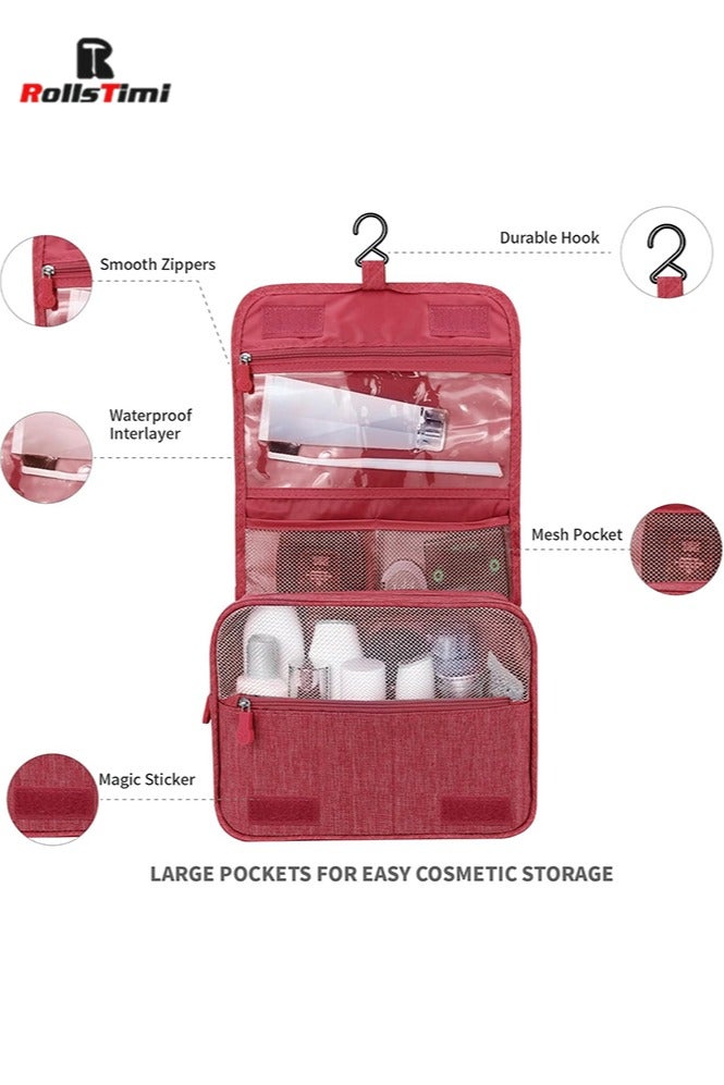 RollsTimi  Hanging Travel Toiletry Bag for Men and Women, Large Capacity, Storage Bag with Hanging Hook, Waterproof and Multifunctional Cosmetics Organizer, Red - Image 2