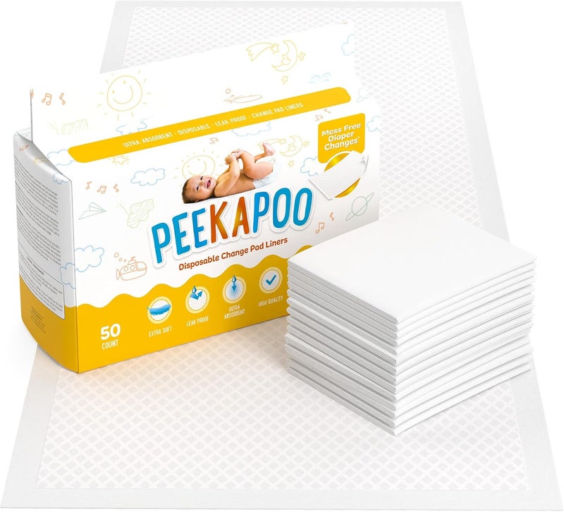 Peekapoo - Disposable Changing Pad Liners (50 Pack) Super Soft, Ultra Absorbent & Waterproof - Covers Any Surface for Mess Free Baby Diaper Changes - Image 1