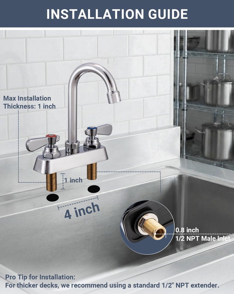 Phivan Utility Sink Faucet 4" Deck Mount Brass Commercial Faucet with 3-1/2" Gooseneck Spout, 2 Handles & Ceramic Valve, Leak-Resistant for Kitchen/Laundry Tub/Bar/RV/Restaurant/Industrial Use, 2 Hole - Image 4