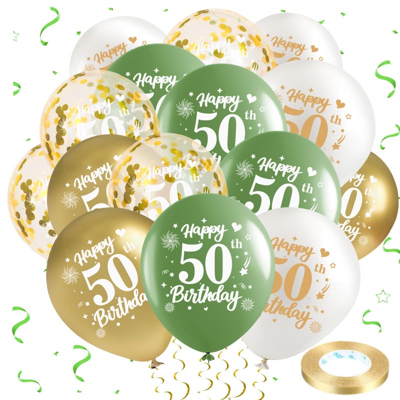 Yoirrat 50th Birthday Balloons 24Pcs Sage Green Gold Fiftieth Birthday Latex Balloons Confetti Balloons Green Gold 50th Birthday Party Decorations for Women Men 50 Year Birthday Anniversary Supplies 12inch - Image 3