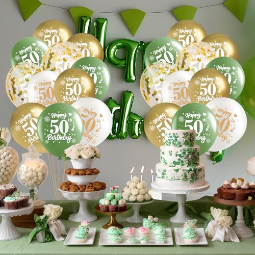Yoirrat 50th Birthday Balloons 24Pcs Sage Green Gold Fiftieth Birthday Latex Balloons Confetti Balloons Green Gold 50th Birthday Party Decorations for Women Men 50 Year Birthday Anniversary Supplies 12inch - Image 5