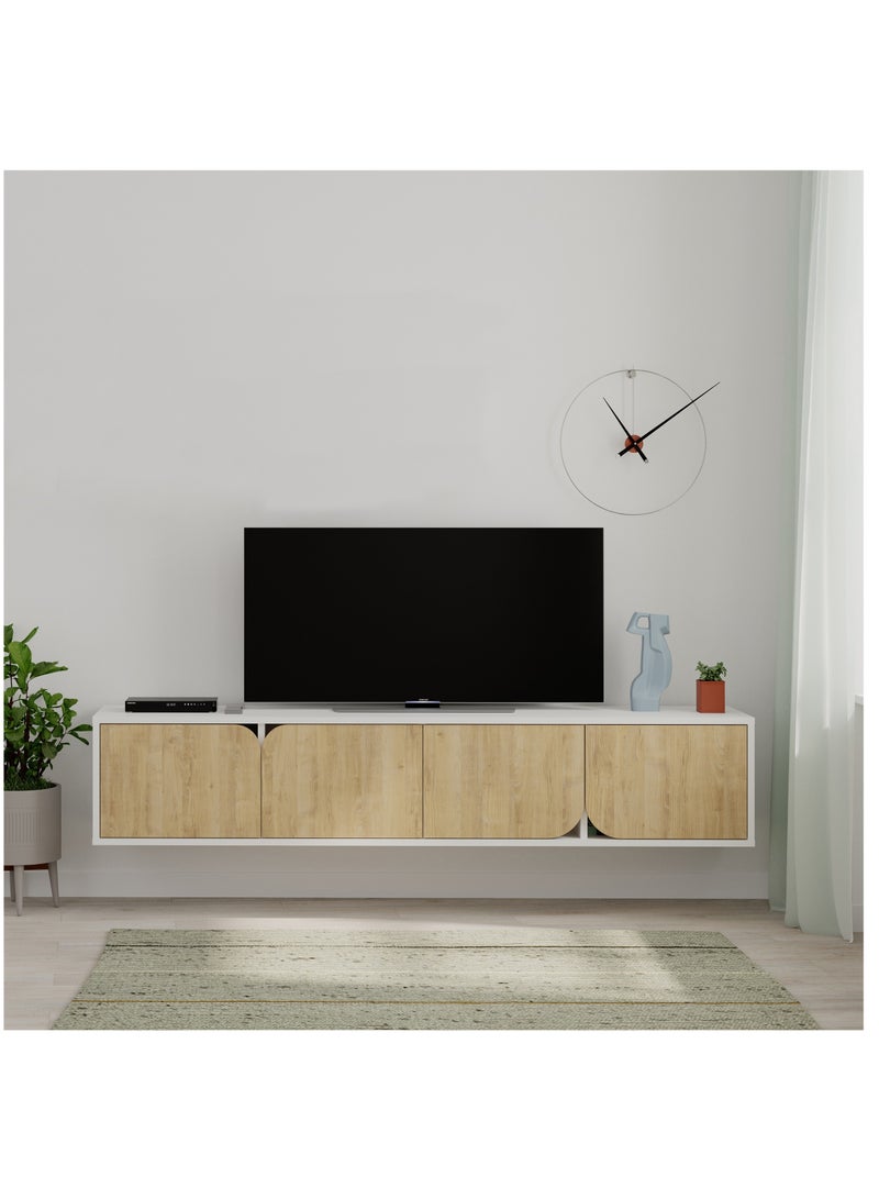 موراه خزانة تلفزيون سبارك عائمة من موراه هوم، حتى ٧٠ بوصة | وحدة تلفزيون مثبتة على الحائط بأربعة أبواب | وحدة تلفزيون | ١٨٠ × ٣٥٫٦ × ٣٥ سم | أبيض/بلوط - Image 1