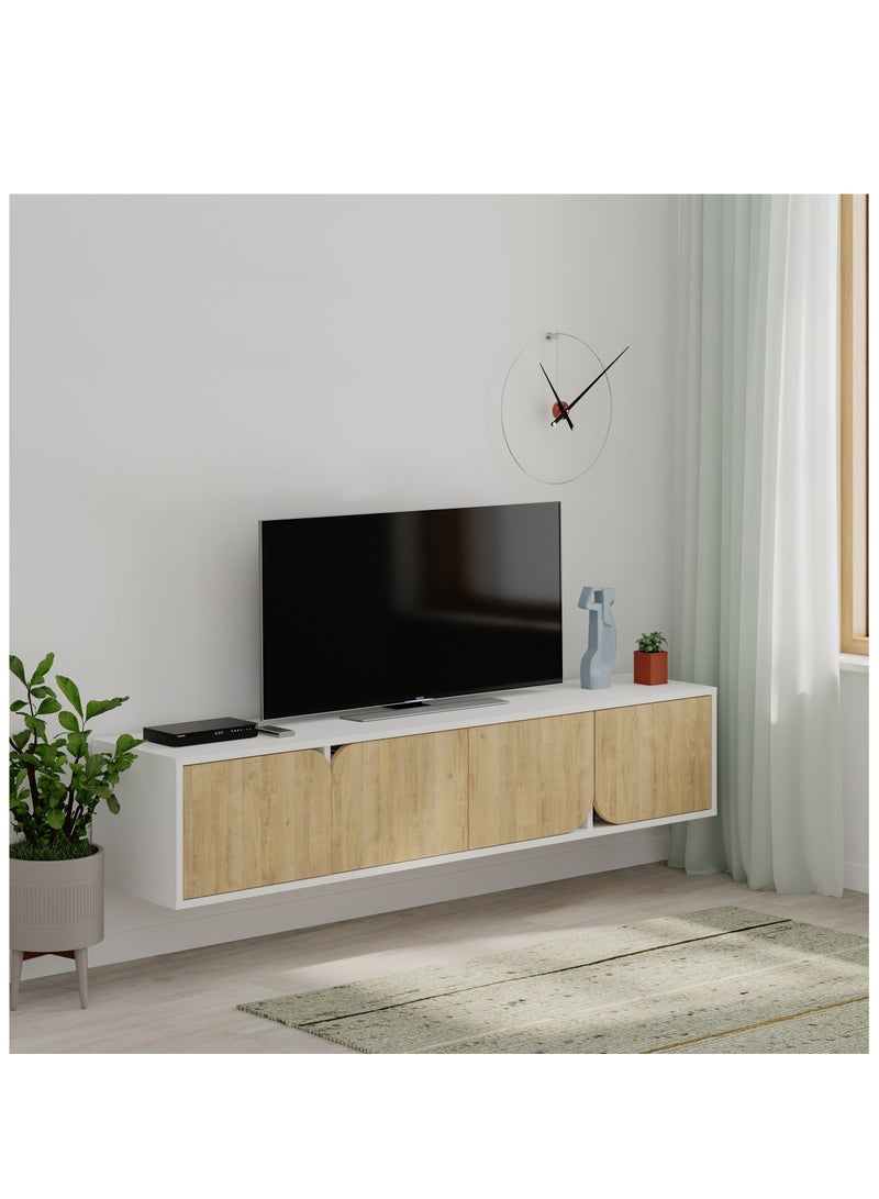 موراه خزانة تلفزيون سبارك عائمة من موراه هوم، حتى ٧٠ بوصة | وحدة تلفزيون مثبتة على الحائط بأربعة أبواب | وحدة تلفزيون | ١٨٠ × ٣٥٫٦ × ٣٥ سم | أبيض/بلوط - Image 2