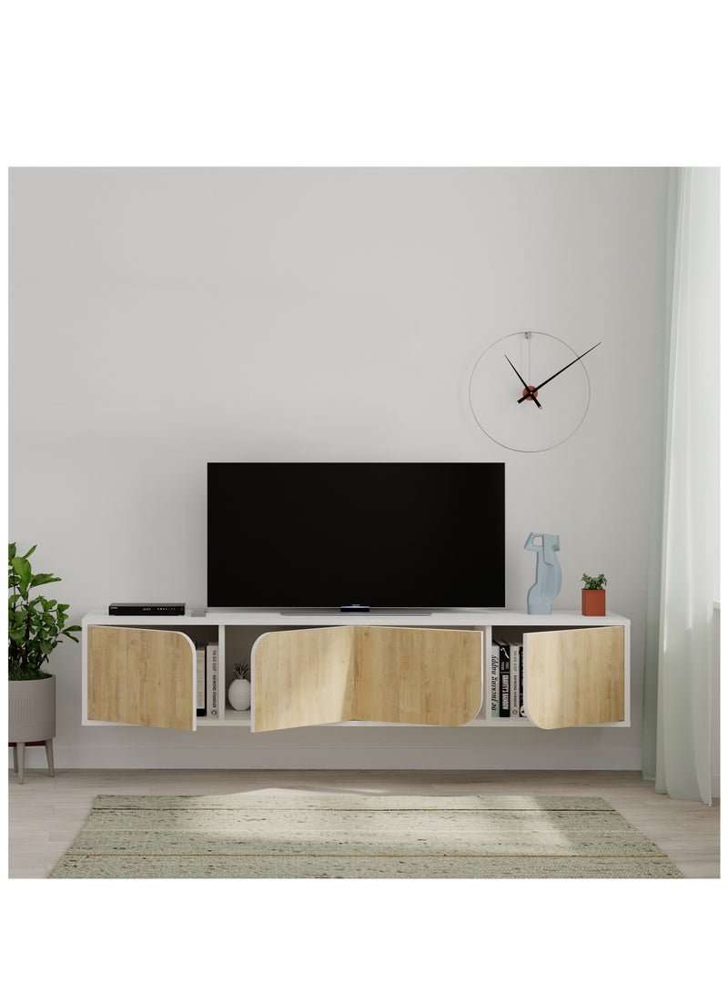 موراه خزانة تلفزيون سبارك عائمة من موراه هوم، حتى ٧٠ بوصة | وحدة تلفزيون مثبتة على الحائط بأربعة أبواب | وحدة تلفزيون | ١٨٠ × ٣٥٫٦ × ٣٥ سم | أبيض/بلوط - Image 3