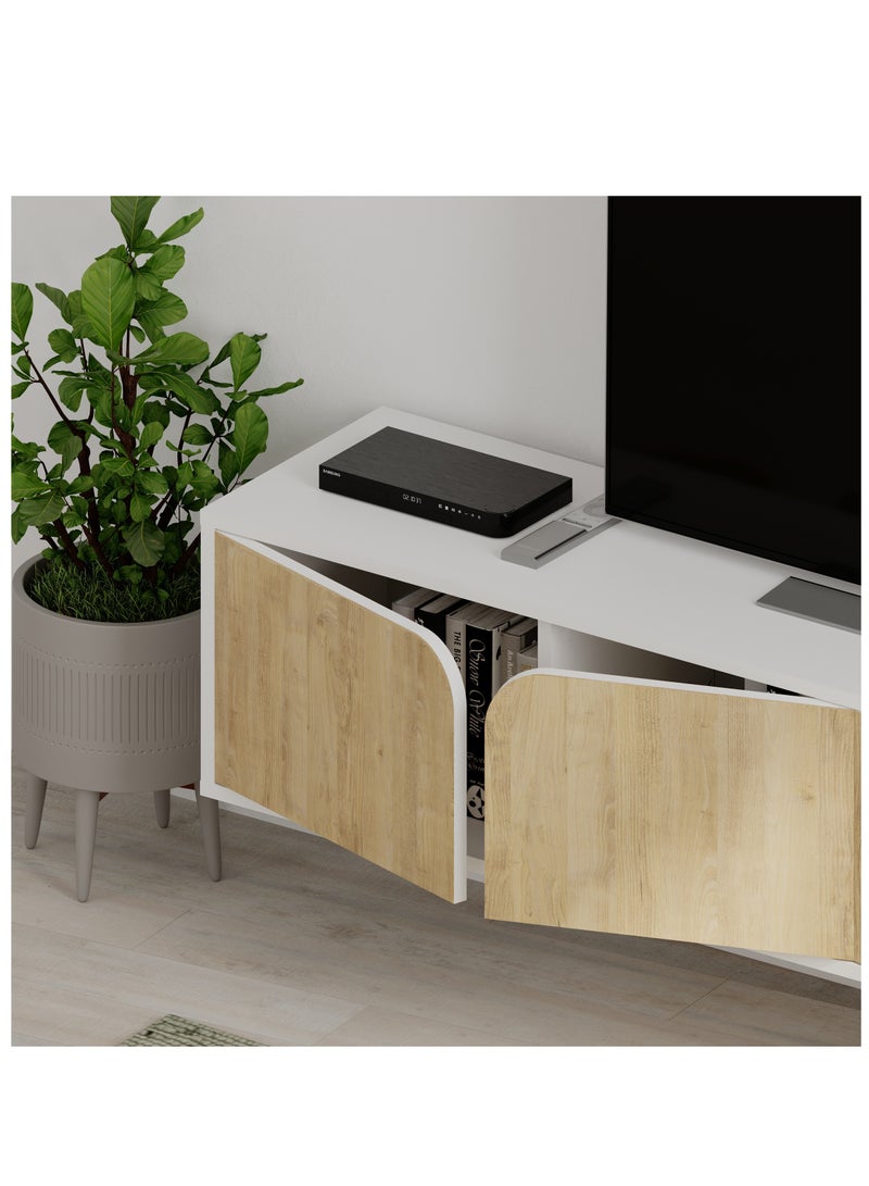 موراه خزانة تلفزيون سبارك عائمة من موراه هوم، حتى ٧٠ بوصة | وحدة تلفزيون مثبتة على الحائط بأربعة أبواب | وحدة تلفزيون | ١٨٠ × ٣٥٫٦ × ٣٥ سم | أبيض/بلوط - Image 4