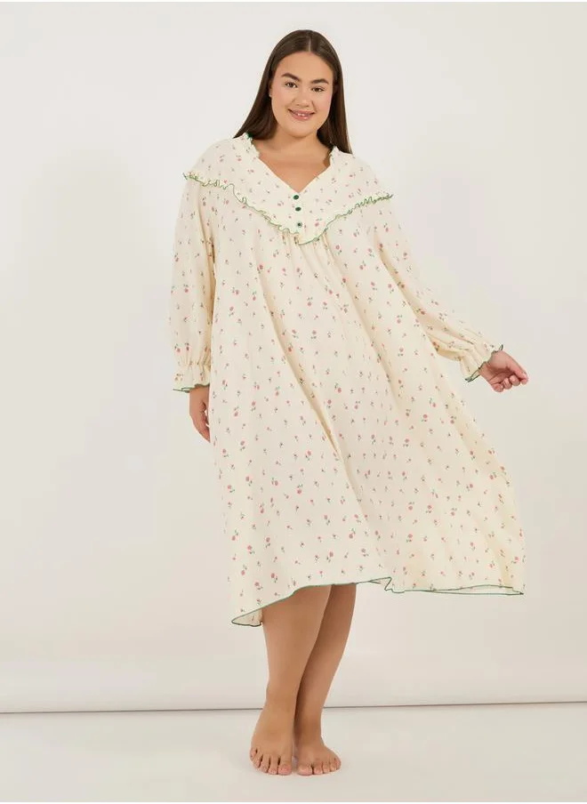 Styli Plus Size Oversized All Over Floral Print Nightdress with Frill Detail