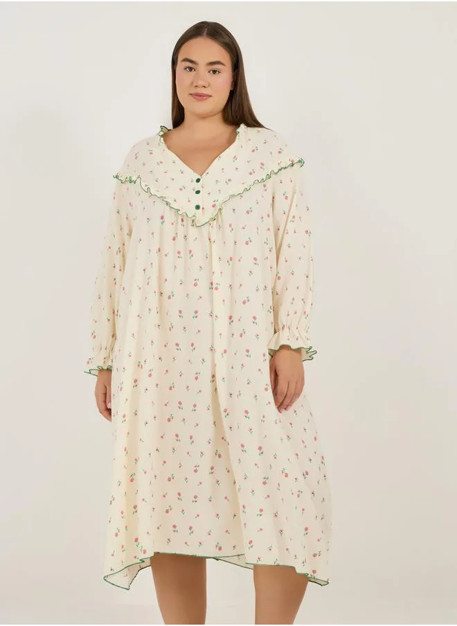 Styli Plus Size Oversized All Over Floral Print Nightdress with Frill Detail