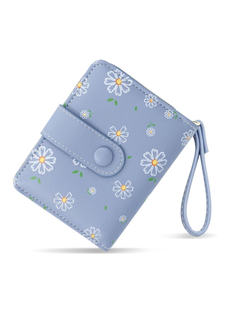 عام المحفظة الزرقاء بسحاب - محفظة PU جلدية مدمجة للنساء والأطفال، حامل بطاقات مضاد للـRFID مع جيب للنقود، محفظة ثنائية الطية بنافذة هوية، هدية مثالية للمراهقين والبالغين - Image 1