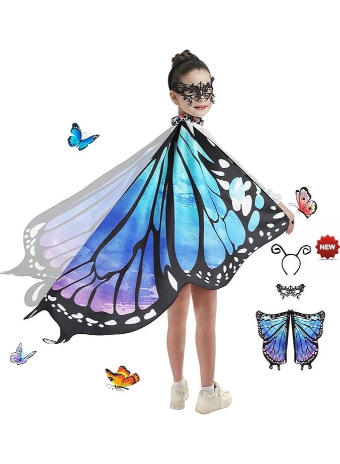 جورونب زي للفتيات بأجنحة الفراشة للهالوين، زي للأطفال بأجنحة الفراشة، زي للأطفال بأجنحة الجنية، زي الهالوين، زي تنكري، شال (3 قطع - أزرق) - Image 1