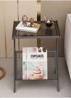 fashionhome Multifunction Glass-top Sofa Side Table Accent End Table with Magazine Rack Bedside Nightstand Z Shaped Coffee Table Display Stand for Bedroom Living Room Small Space 50x37x57 cm  - Image 1