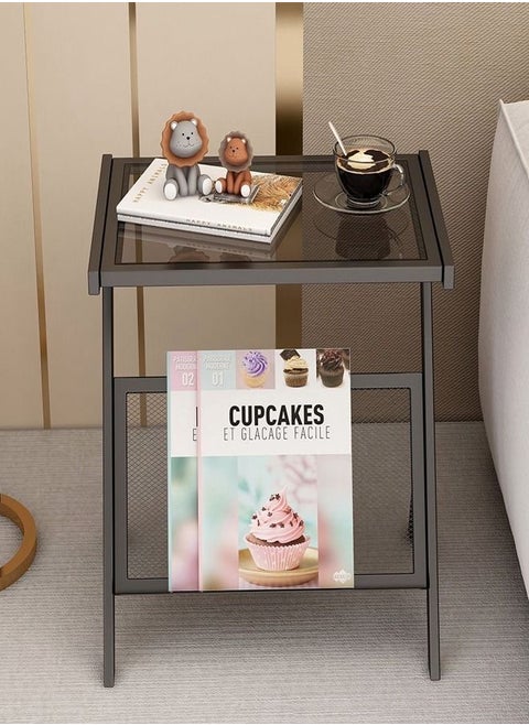 Multifunction Glass-top Sofa Side Table Accent End Table with Magazine Rack Bedside Nightstand Z Shaped Coffee Table Display Stand for Bedroom Living Room Small Space 50x37x57 cm