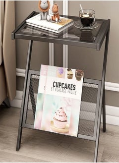 fashionhome Multifunction Glass-top Sofa Side Table Accent End Table with Magazine Rack Bedside Nightstand Z Shaped Coffee Table Display Stand for Bedroom Living Room Small Space 50x37x57 cm  - Image 2