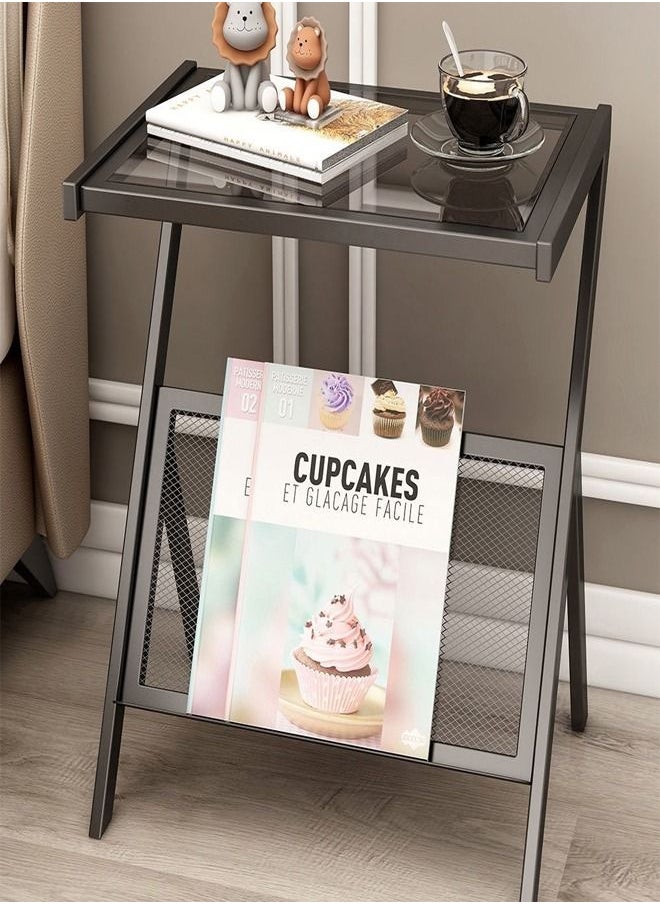 Multifunction Glass-top Sofa Side Table Accent End Table with Magazine Rack Bedside Nightstand Z Shaped Coffee Table Display Stand for Bedroom Living Room Small Space 50x37x57 cm