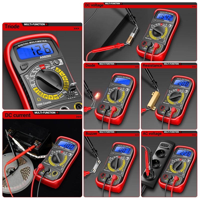 Black Digital Multimeter 1999 Counts Backlit Screen Voltmeter Ohmmeter Current Tester - Image 3