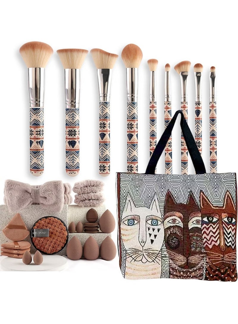 ARNOTEC 30PCS Makeup Brush Set with Bag – 9Pcs Professional Makeup Brushes + 20 Beauty Sponges + Cat Pattern Travel Tote – Full Face Cosmetic Tools Kit for Women & Beginners  - Image 1