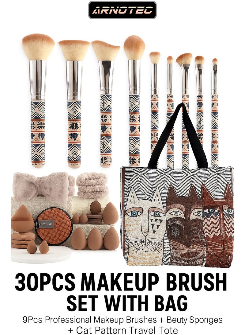 ARNOTEC 30PCS Makeup Brush Set with Bag – 9Pcs Professional Makeup Brushes + 20 Beauty Sponges + Cat Pattern Travel Tote – Full Face Cosmetic Tools Kit for Women & Beginners - Image 1