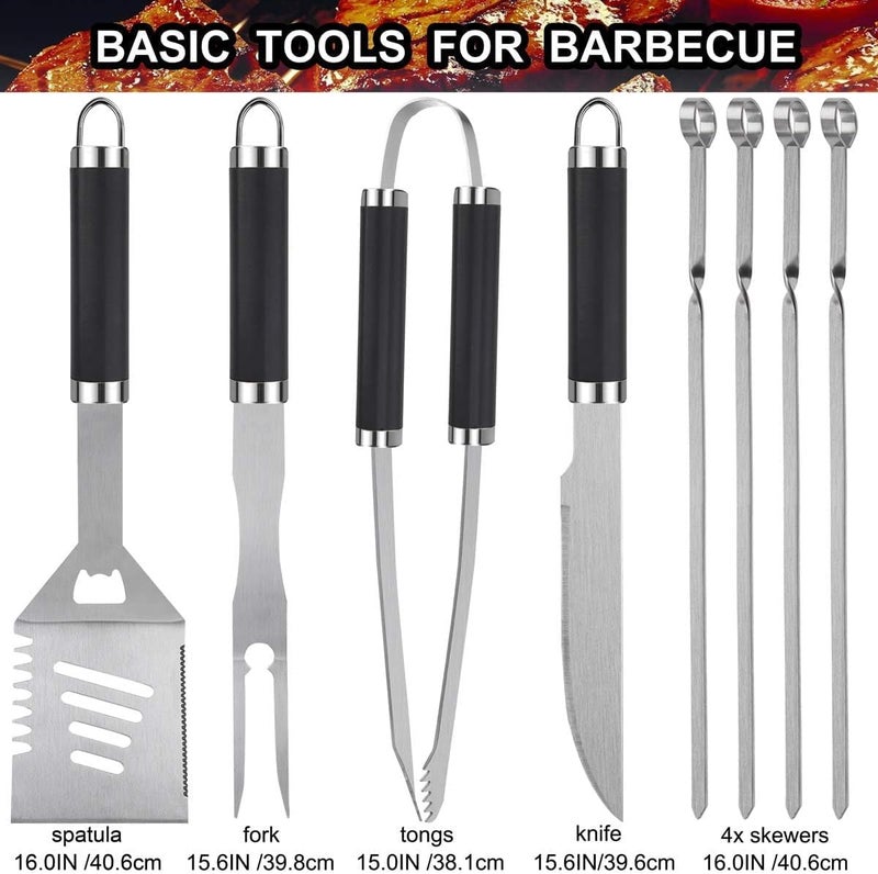 grilljoy 24PCS BBQ Grill Tools Set with Meat Thermometer and Injector - Extra Thick Stainless Steel Fork, Spatula& Tongs - Complete BBQ Accessories in Aluminum Case - Perfect Grill Gifts for Men - Image 2