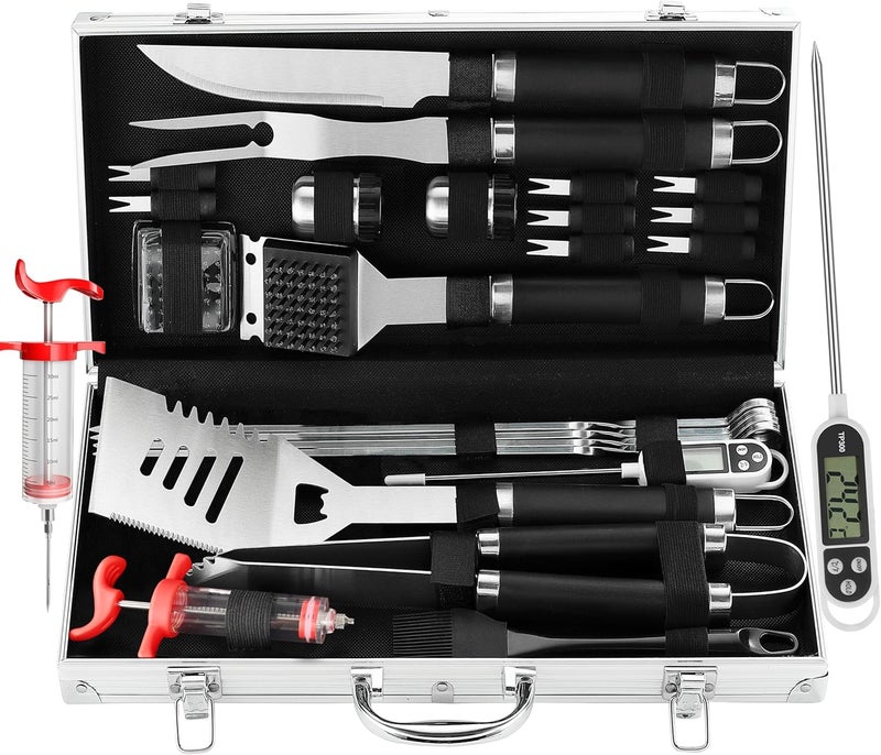 grilljoy 24PCS BBQ Grill Tools Set with Meat Thermometer and Injector - Extra Thick Stainless Steel Fork, Spatula& Tongs - Complete BBQ Accessories in Aluminum Case - Perfect Grill Gifts for Men - Image 1