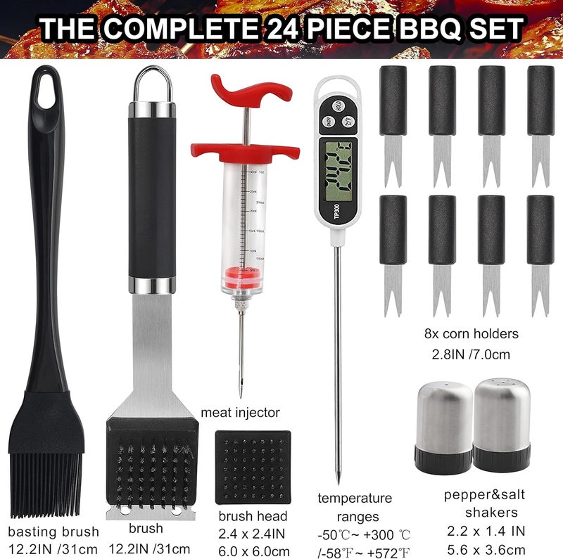 grilljoy 24PCS BBQ Grill Tools Set with Meat Thermometer and Injector - Extra Thick Stainless Steel Fork, Spatula& Tongs - Complete BBQ Accessories in Aluminum Case - Perfect Grill Gifts for Men - Image 3