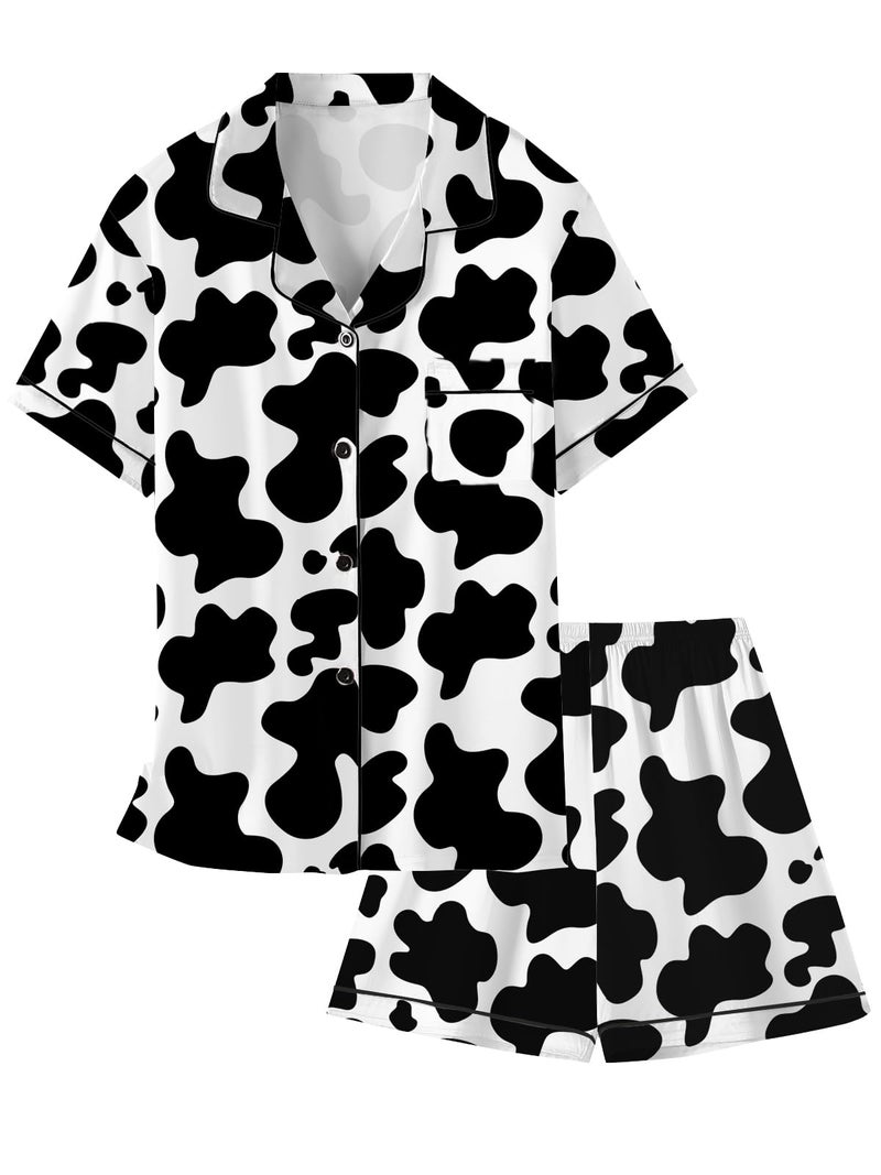 Schbbbta Women Silk Pajamas Set Short Sleeve Cow Sleepwear Soft Satin Button Down Pjs Loungewear, Cow Print, X-Small - Image 1